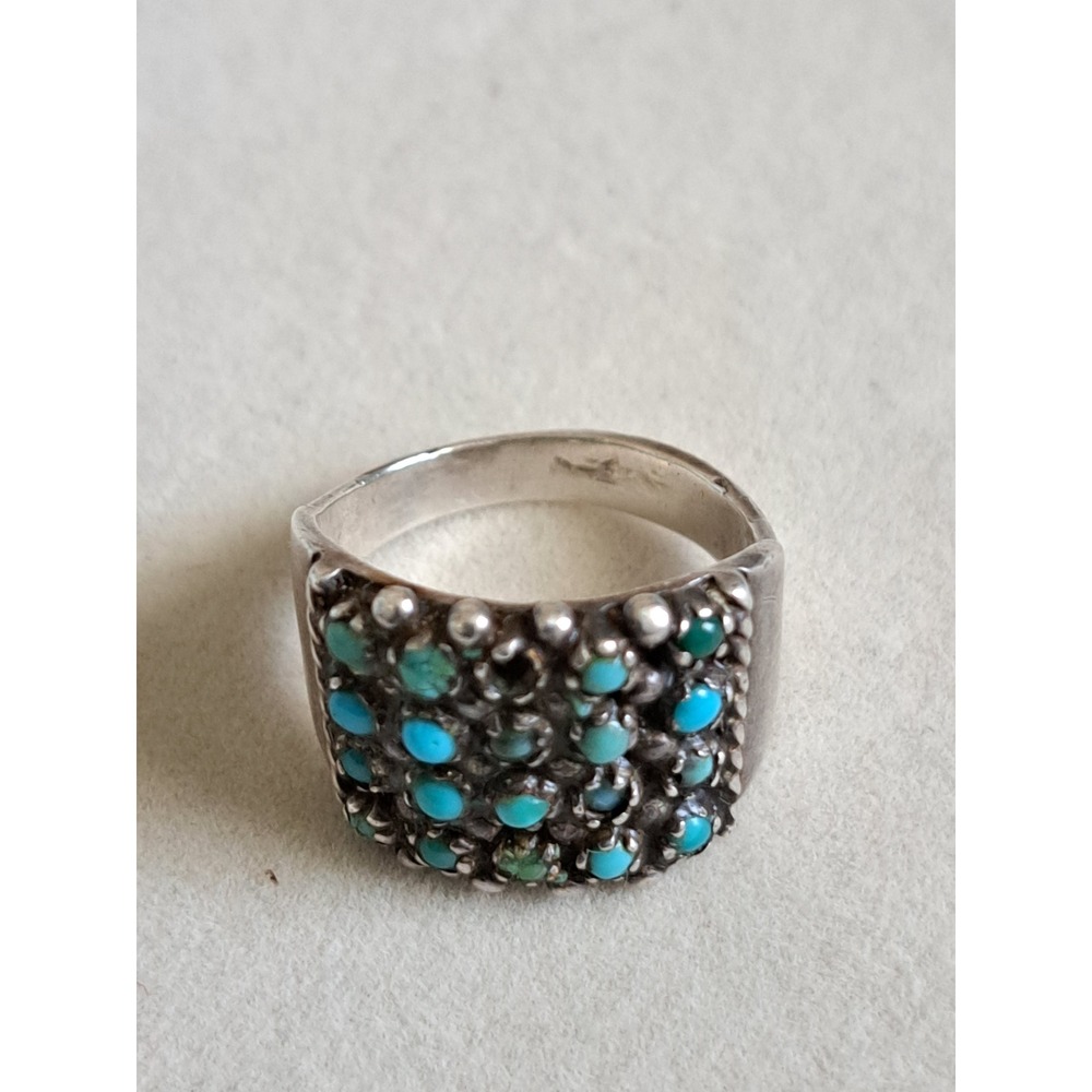 Vintage Sterling Silver Turquoise Petit Point Cluster Band Ring Size 7 Boho